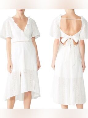 Sundays V neck dress by Finders Keepers in white lace, open back tie detail